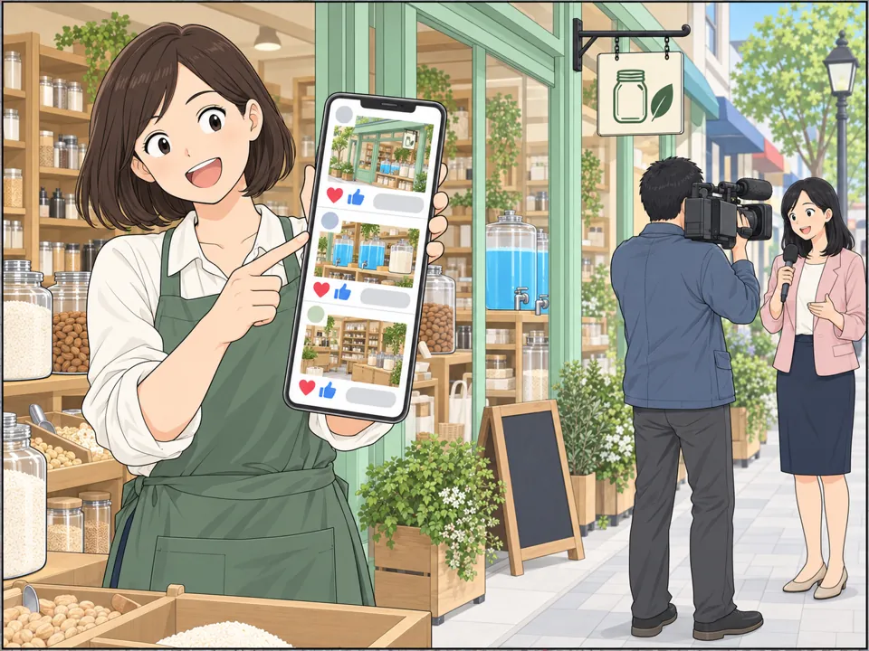 女性のスマホに、店の写真がたくさん投稿されたSNSの画面と「So cool!」のコメント。店の前ではテレビ局のカメラが取材している。