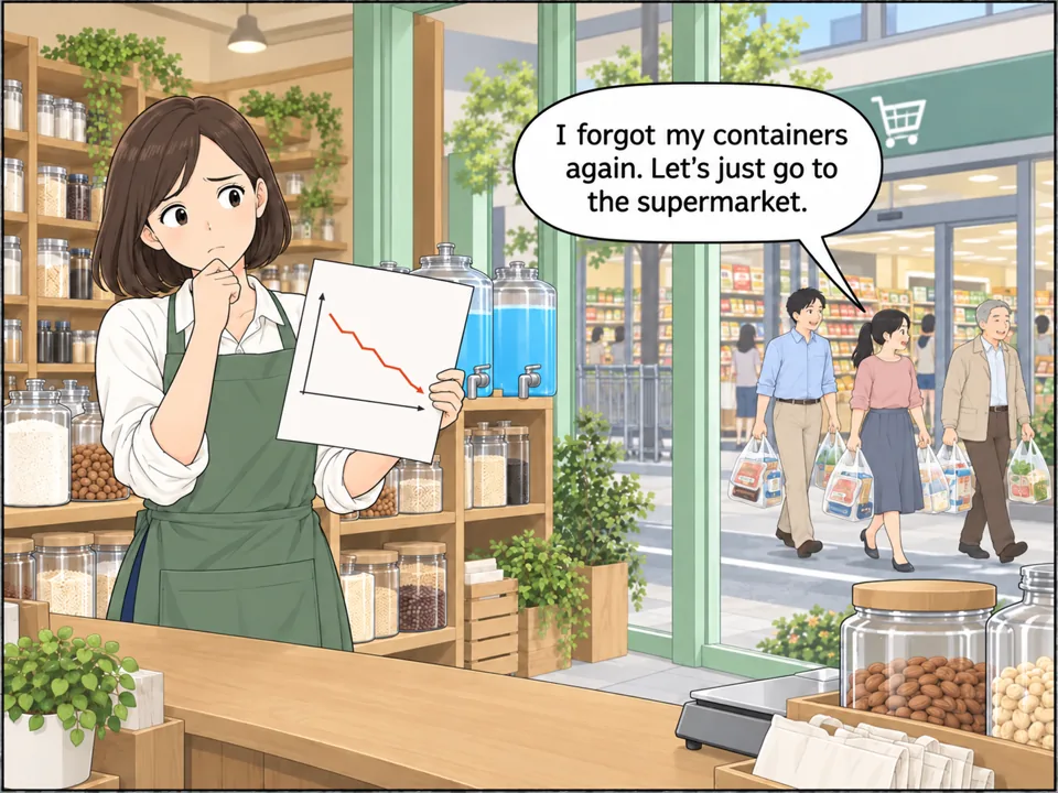 店内に客はほとんどいない。女性が下がり続ける売り上げのグラフを手に考え込んでいる。窓の外では、人々が向かいのスーパーからパック入りの商品が詰まった袋を持って出てくる。 吹き出し：I forgot my containers again. Let's just go to the supermarket.