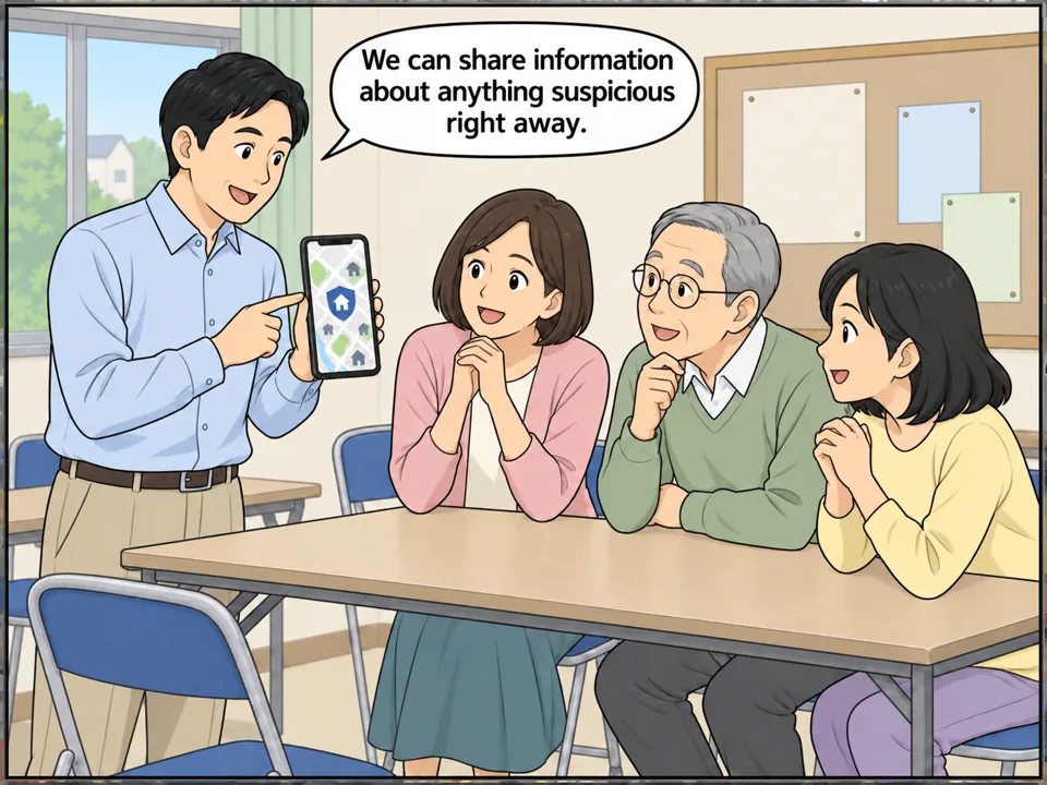 公民館での町内会。男性がスマホの画面を見せている。画面には地図と「Neighborhood Watch」というアプリ。住民たちが興味深そうにのぞき込んでいる。 吹き出し：We can share information about anything suspicious right away.