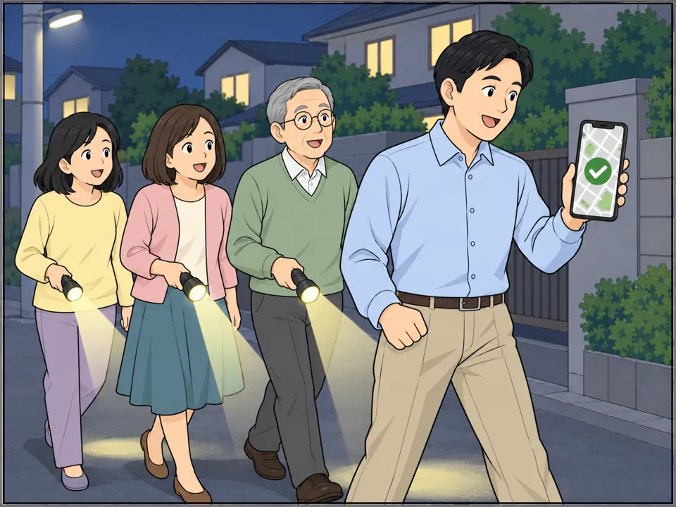 夜、懐中電灯を持った住民数人が町内を見回りしている。スマホのアプリの地図には「Patrol: Done」のマーク。男性が誇らしげに先頭を歩いている。