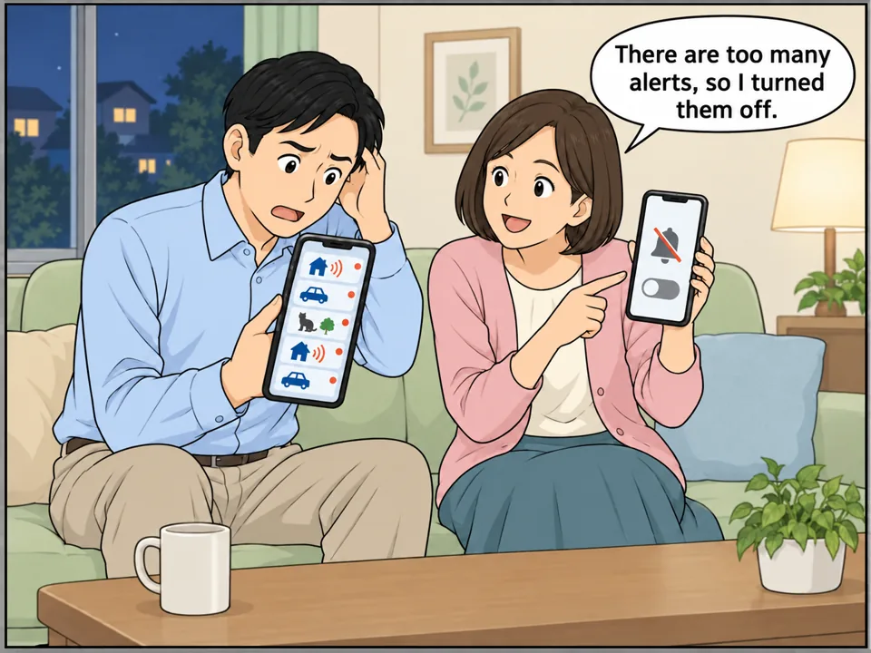 夜、男性の自宅。スマホの画面に「Strange noise outside!」「Unknown car parked on the street」「Cat in my garden?」などの通知がずらりと並んでいる。妻が「Notifications: OFF」の設定画面を男性に見せている。男性は困った表情で自分の画面を見つめている。 吹き出し:There are too many alerts, so I turned them off.