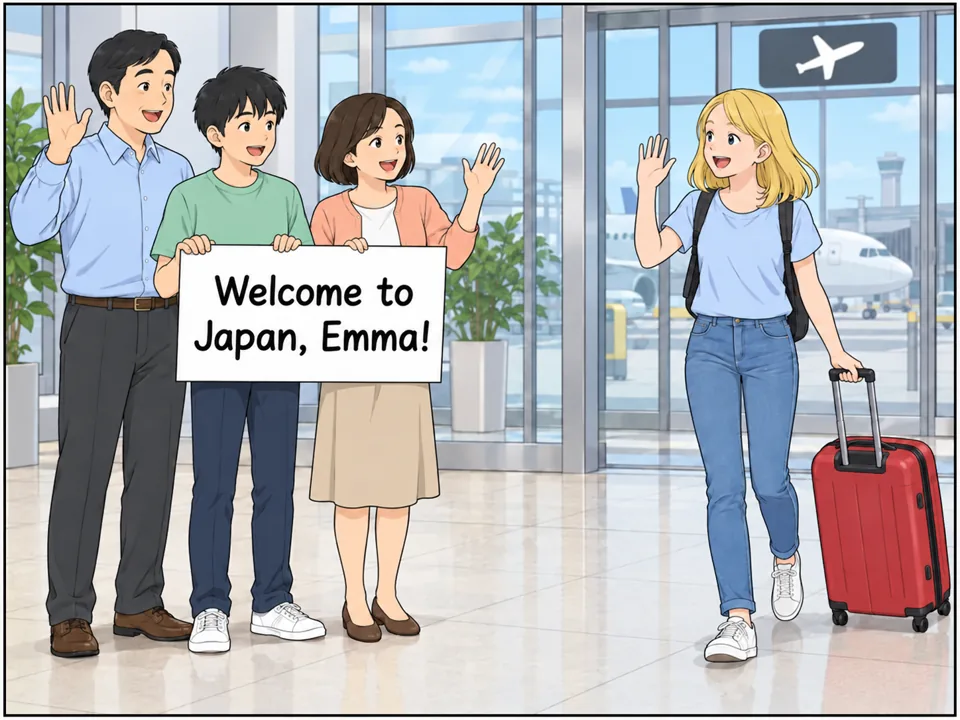 空港の到着ロビー。両親と高校生の息子が「Welcome to Japan, Emma!」と書いたボードを持って待っている。スーツケースを引いた女子留学生が笑顔で手を振っている。 吹き出し:Welcome to Japan, Emma!