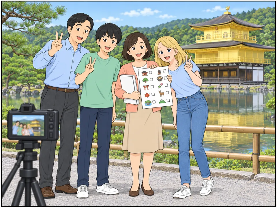 京都の有名な寺の前で、家族と留学生が記念撮影をしている。母は分厚いガイドブックと、予定がびっしり書かれた「Weekend Plan」の紙を持っている。