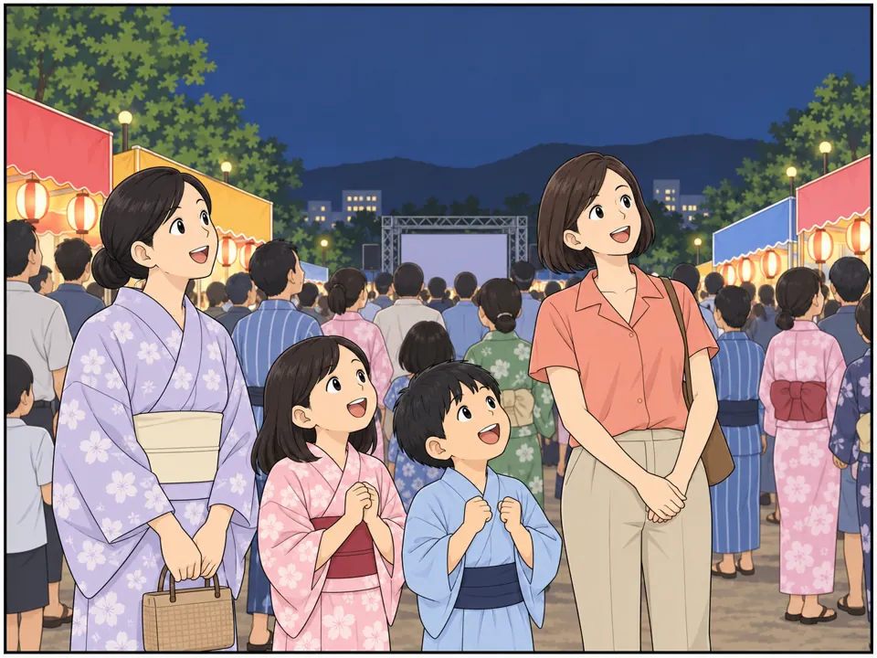 会場は浴衣姿の大勢の見物客でいっぱい。屋台も並んでいる。子どもたちが空を見上げて開始を待っている。