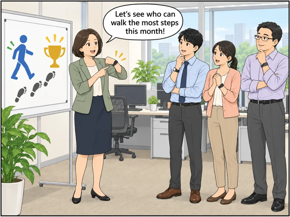 会社の朝礼。女性マネージャーが腕時計型の活動量計を見せながら、「Step Challenge! Top Walker Wins a Prize」と書かれたポスターの前で話している。社員たちは興味を持って見ている。 吹き出し:Let's see who can walk the most steps this month!