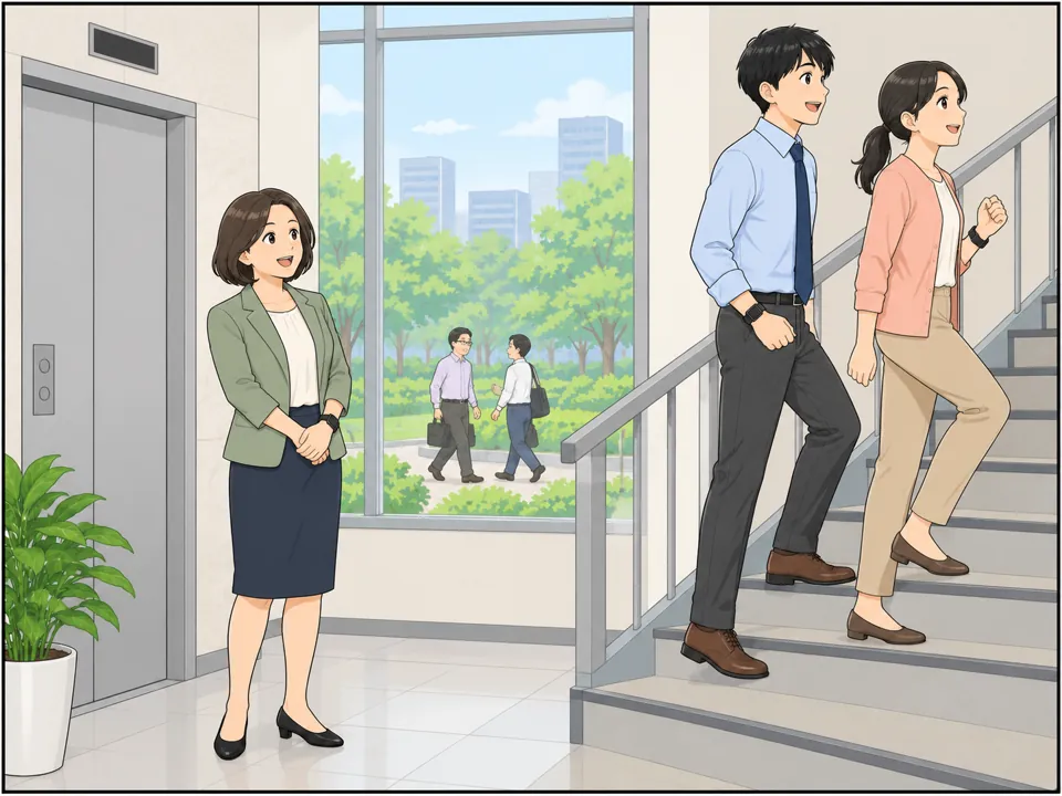 活動量計をつけた社員たちが、エレベーターの前を素通りして階段を上っている。窓の外の公園では、昼休みに歩いている社員も見える。マネージャーは笑顔。