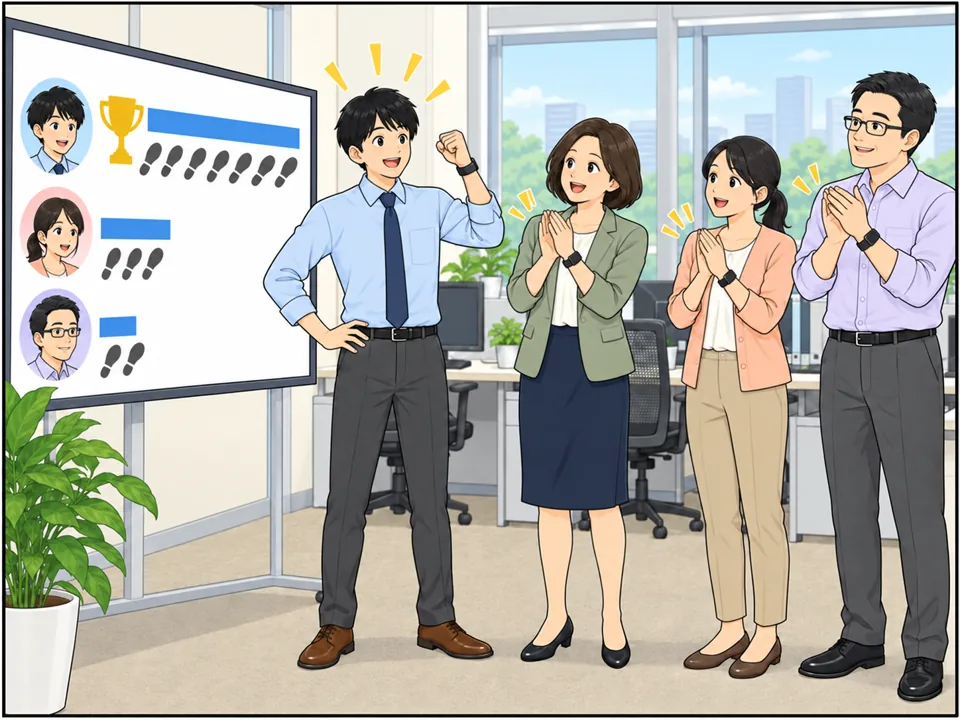 オフィスの大型画面に歩数ランキング。1位は若い男性社員で「32,000 steps/day」。同僚たちが拍手して感心している。