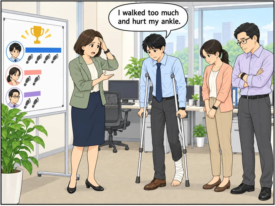 足首に包帯を巻き、松葉杖をついて出社した若い男性社員。ランキングの下位の社員たちは画面を見て暗い顔。マネージャーは額に手を当てて困った表情。 吹き出し：I walked too much and hurt my ankle.
