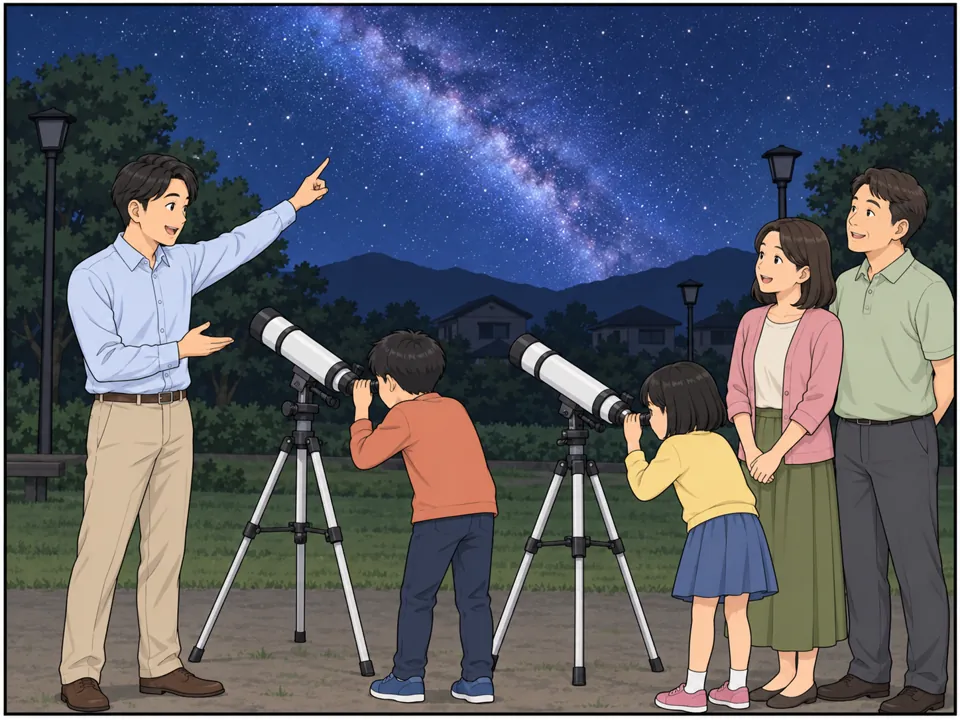街灯が消えた町。公園で家族連れや子どもたちが望遠鏡をのぞいていて、夜空には天の川がくっきり見える。男性が星座を指さして説明している。