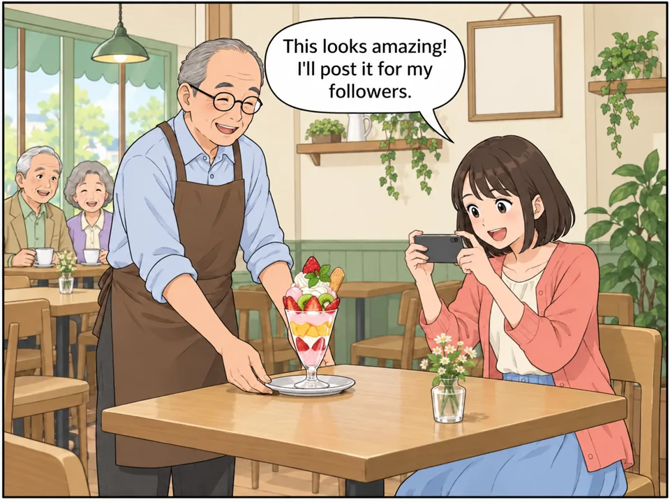 落ち着いた雰囲気の小さなカフェ。壁には「Since 1985」の額。年配の男性店主が、スマホを構えた若い女性に色鮮やかなパフェを出している。 吹き出し:This looks amazing! I'll post it for my followers.
