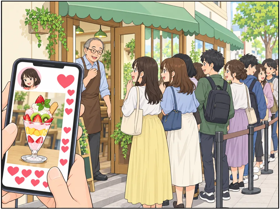 スマホの画面にインフルエンサーの投稿「Must-try parfait!」と、たくさんの「いいね」。店の前には若い客の長い行列。店主は驚きながらもうれしそう。