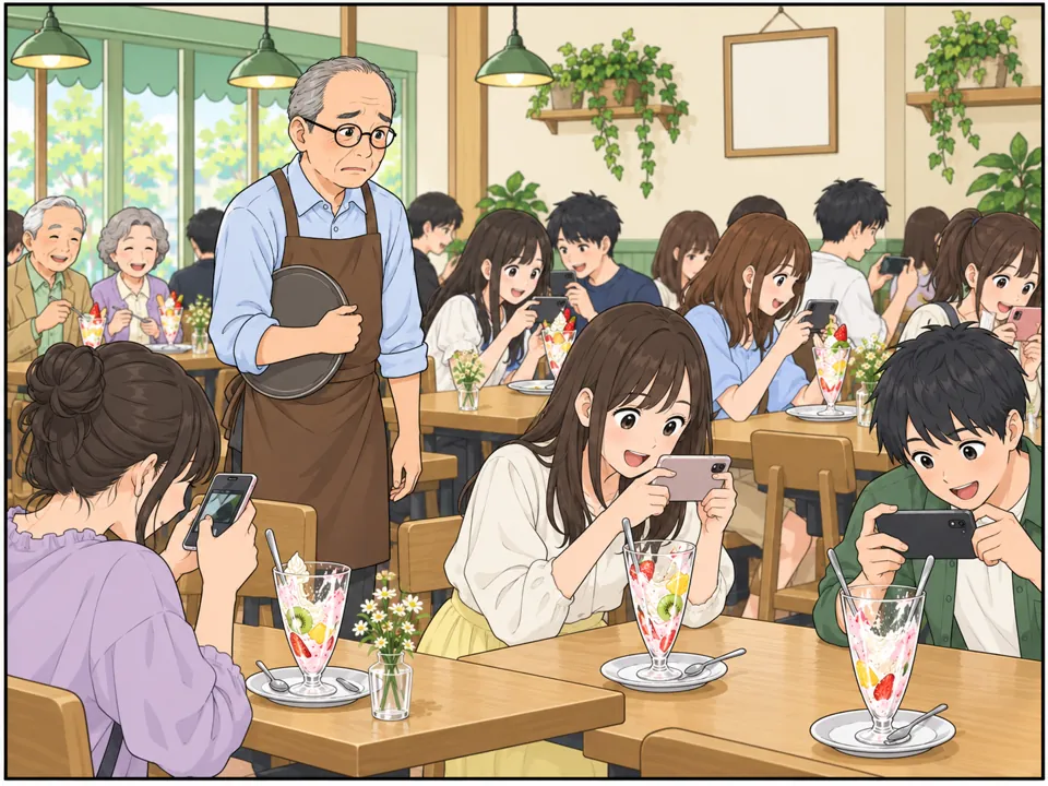 店内は満席。若い客たちがパフェの写真を何枚も撮っている。食べかけのまま残されたパフェもある。店主は少し複雑な表情。