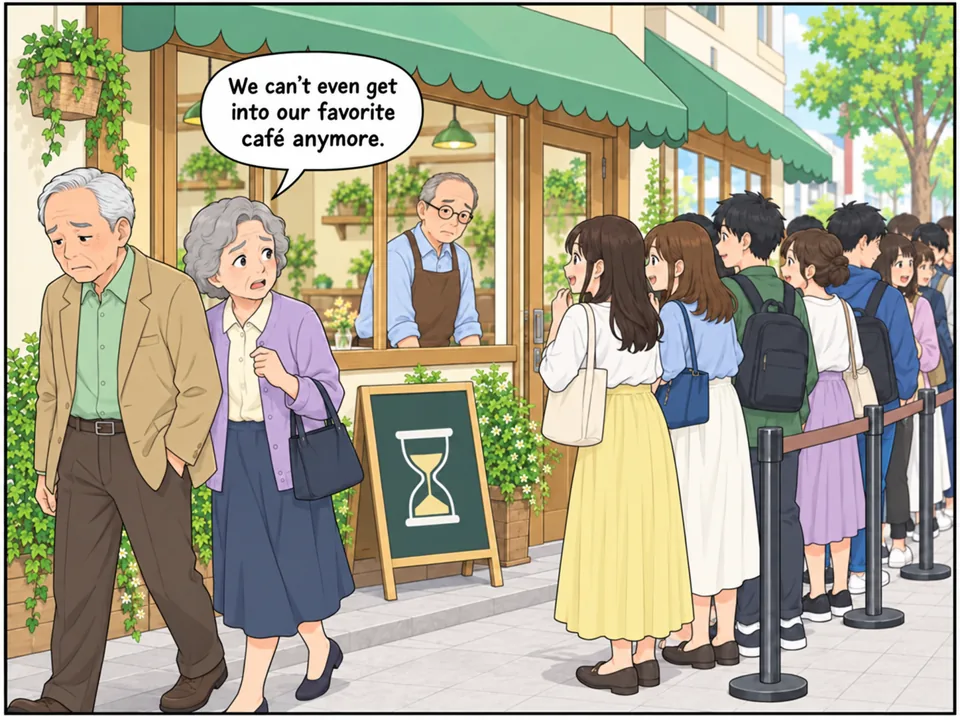 店の外に「Wait: 90 min.」の看板と長い行列。長年の常連の高齢夫婦が行列を見てあきらめ、帰っていく。店主はそれを窓から見て悲しそうな表情。 吹き出し：We can't even get into our favorite café anymore.