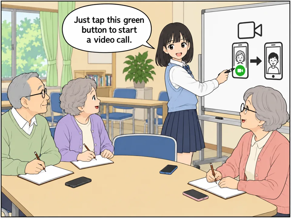 公民館。高校生の女の子がホワイトボードに「How to Make Video Calls」と書き、高齢者たちにスマホの使い方を教えている。おじいさんやおばあさんが熱心にメモを取っている。 吹き出し:Just tap this green button to start a video call.