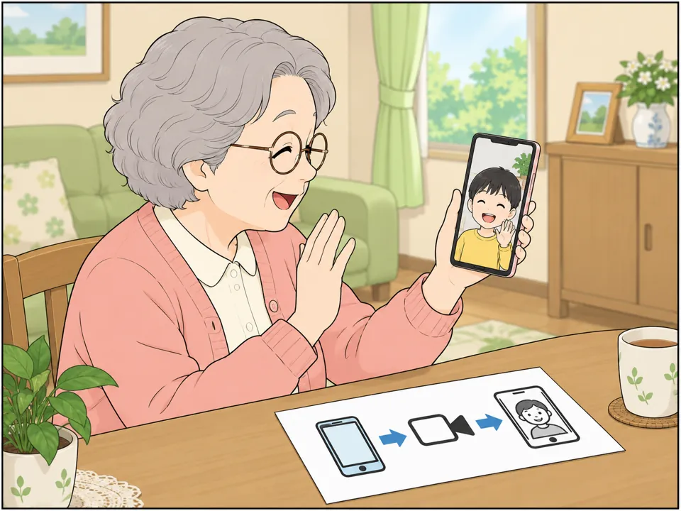 高齢の女性が自宅で、スマホのビデオ通話で遠くに住む孫と話して笑顔。テーブルには、女の子が作った手書きの使い方メモ。
