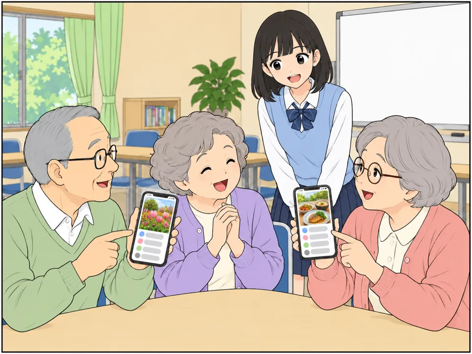 公民館で、高齢者たちがお互いのスマホを見せ合っている。画面には庭の花や手料理の写真の投稿と、たくさんのコメント。女の子はうれしそうに見ている。