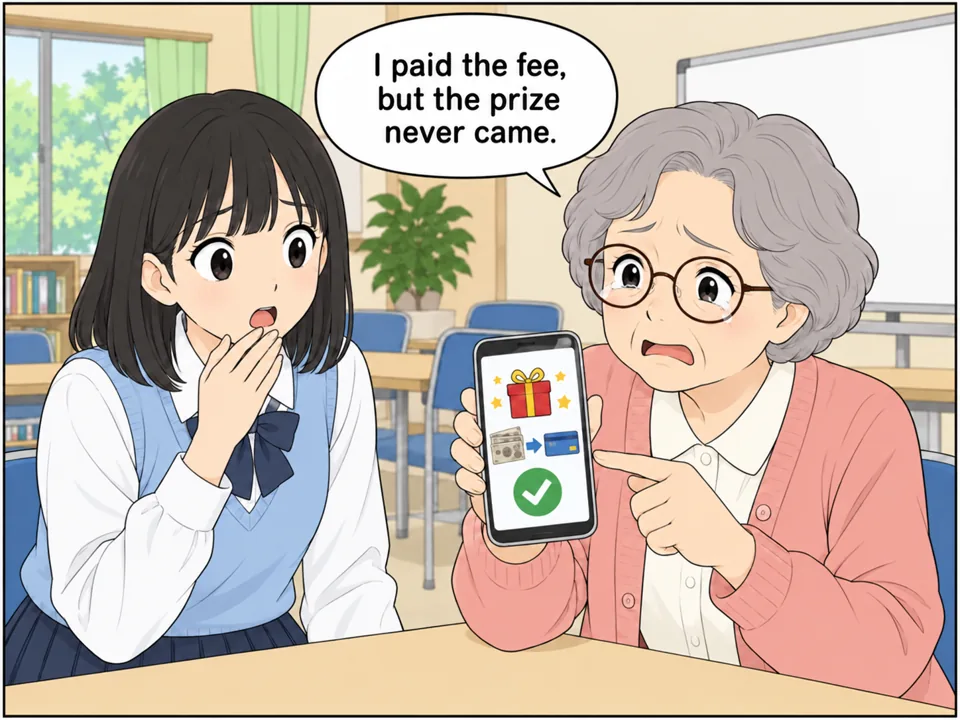 公民館で、高齢の女性が泣きそうな顔で女の子にスマホを見せている。画面には「Congratulations! You won a prize. Pay ¥30,000 to receive it.」というメッセージと「Payment complete」の表示。女の子は驚いた表情。 吹き出し:I paid the fee, but the prize never came.