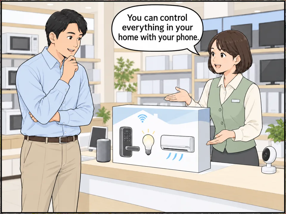 家電量販店。男性が店員から「Smart Home Kit」の説明を受けている。箱にはスマートロック、照明、エアコンのアイコンが描かれている。男性は興味津々の表情。 吹き出し：You can control everything in your home with your phone.