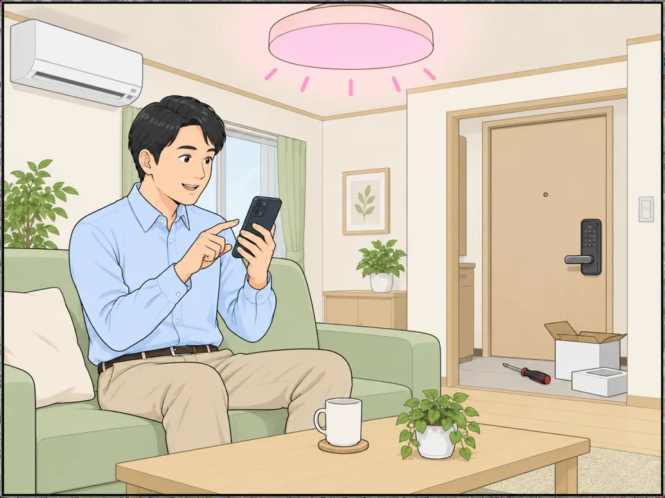 男性が自宅の玄関ドアにスマートロックを取り付けたあと、ソファでくつろぎながらスマホで照明の色を変えている。満足そうな表情。