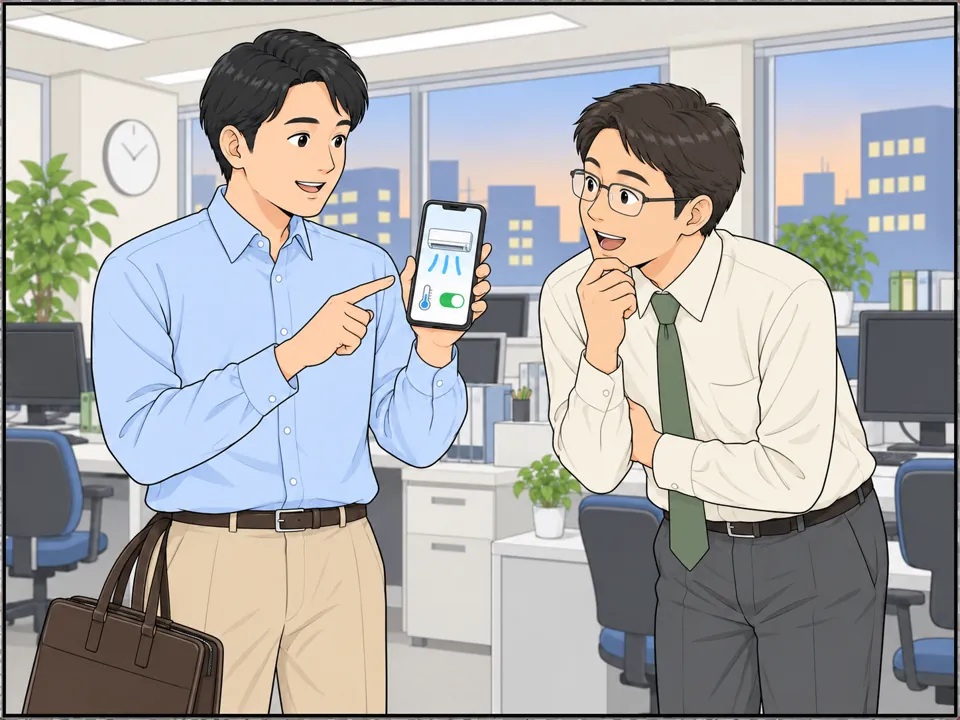 会社で帰り支度をする男性がスマホの画面を見せている。画面には「Air conditioner: ON 26°C」。隣の同僚がうらやましそうにのぞき込んでいる。