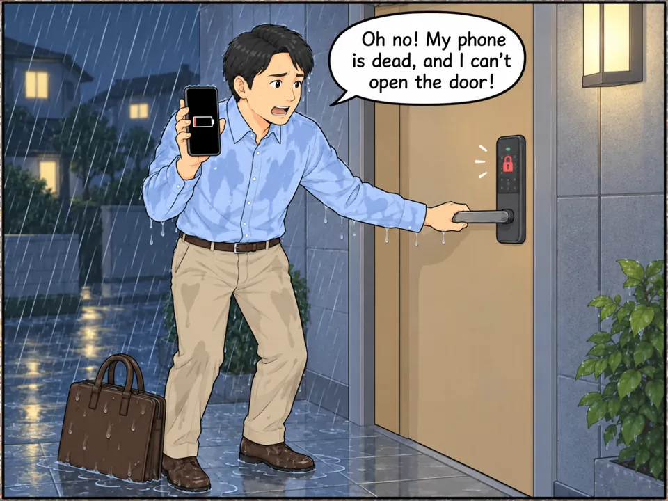 大雨の中、玄関の前で男性がずぶぬれになっている。手にしたスマホの画面は真っ黒で、電池切れのマーク。ドアの鍵は閉まったまま。男性は途方に暮れた表情。 吹き出し：Oh no! My phone is dead, and I can't open the door!