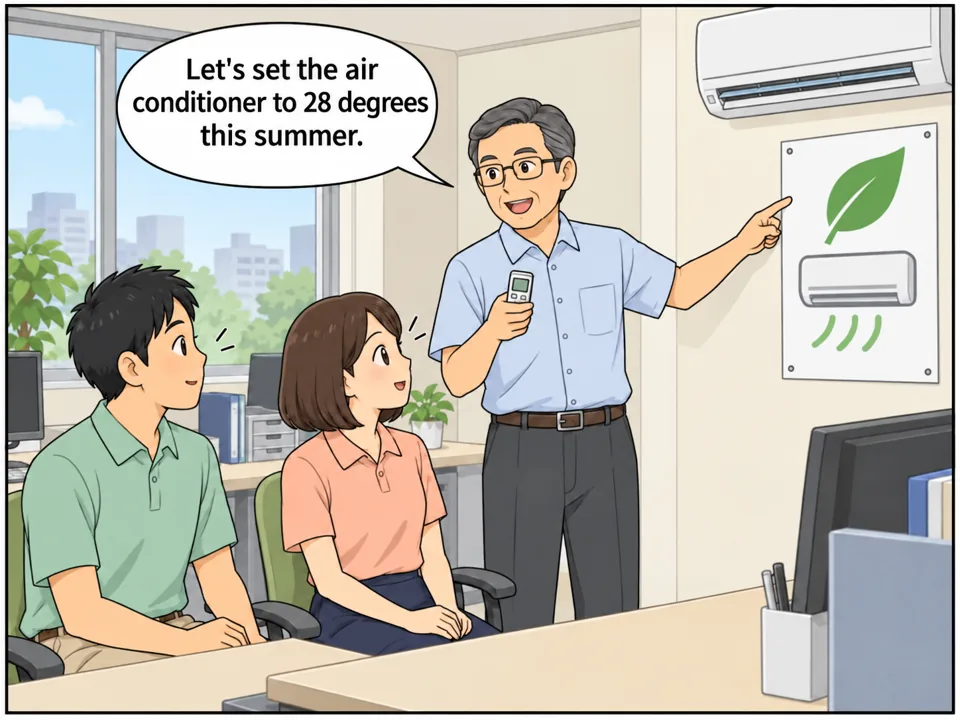 デザイン会社のオフィス。男性経営者がエアコンのリモコンを持ち、「Save Energy! AC: 28°C」と書かれた張り紙を指している。社員たちはうなずいている。 吹き出し：Let's set the air conditioner to 28 degrees this summer.