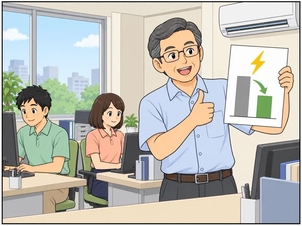 経営者が電気代の請求書を見て喜んでいる。請求書には「Electricity bill: −20%」の文字。