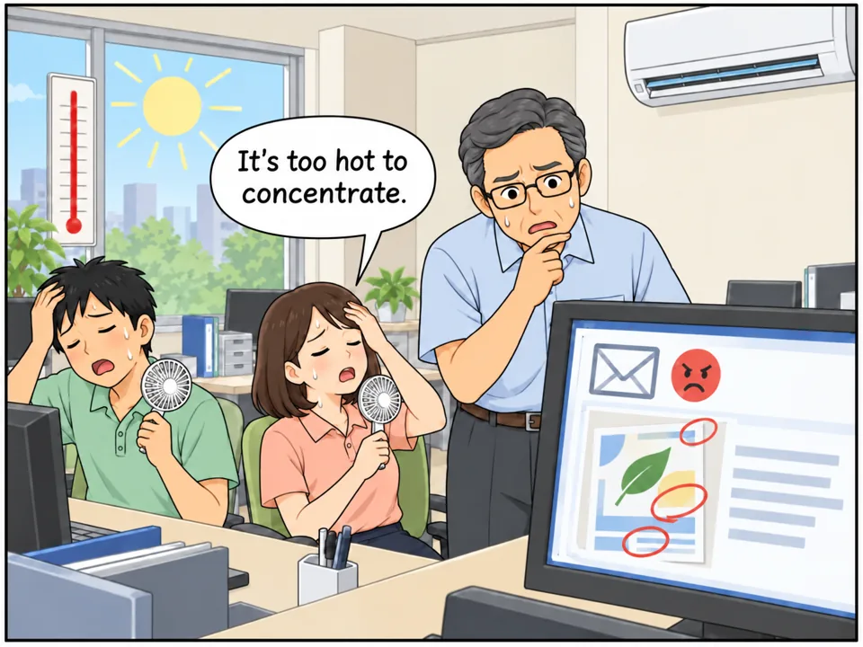 窓の外の温度計は「38°C」。社員たちは汗だくでぐったりしている。パソコンの画面には客からの「There are mistakes in the design!」というメール。経営者は困った表情。 吹き出し：It's too hot to concentrate.