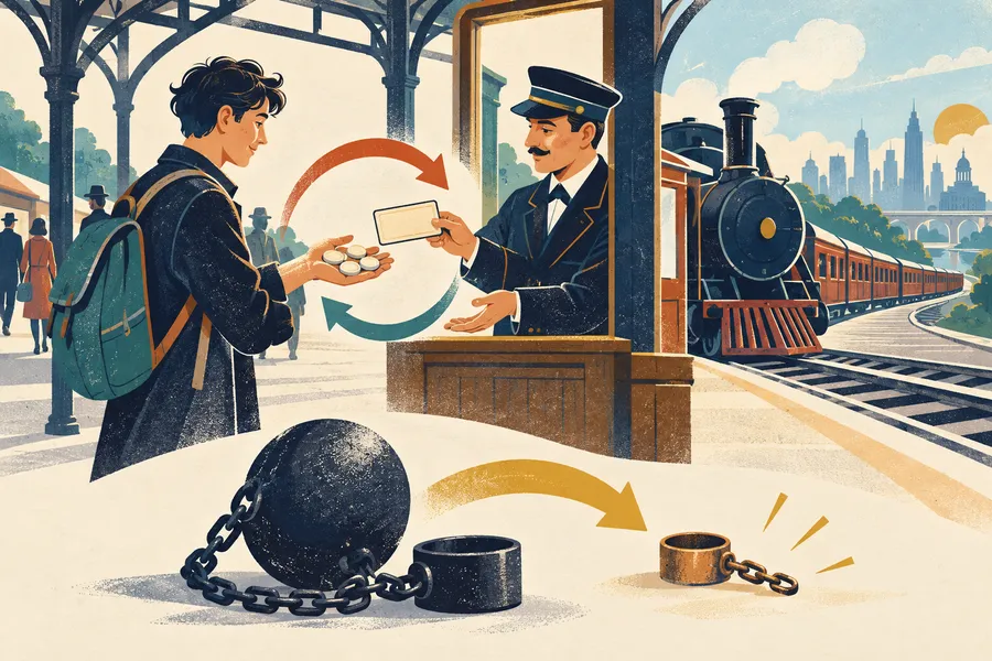 commute の語源のイメージ：すっかり取りかえる