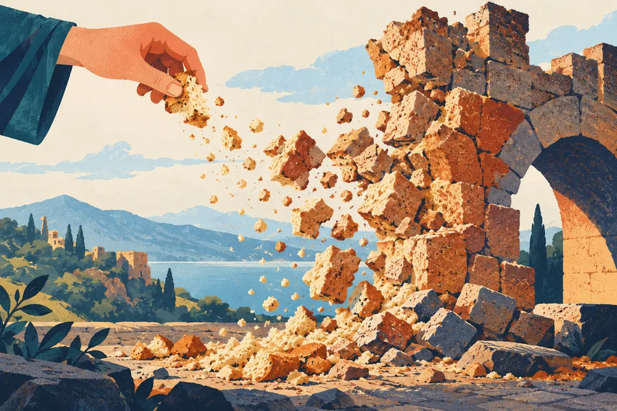 crumble の語源のイメージ：パンくずのように崩れる
