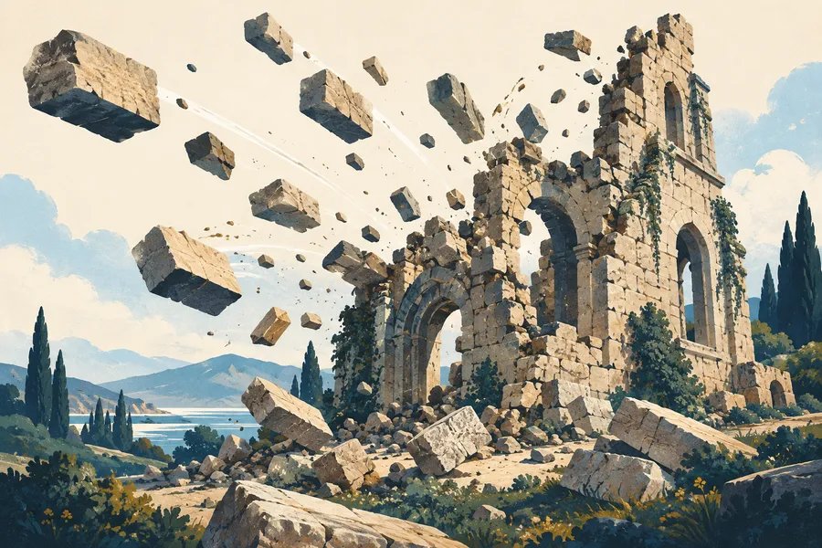 dilapidated の語源のイメージ：石がばらばらに崩れた