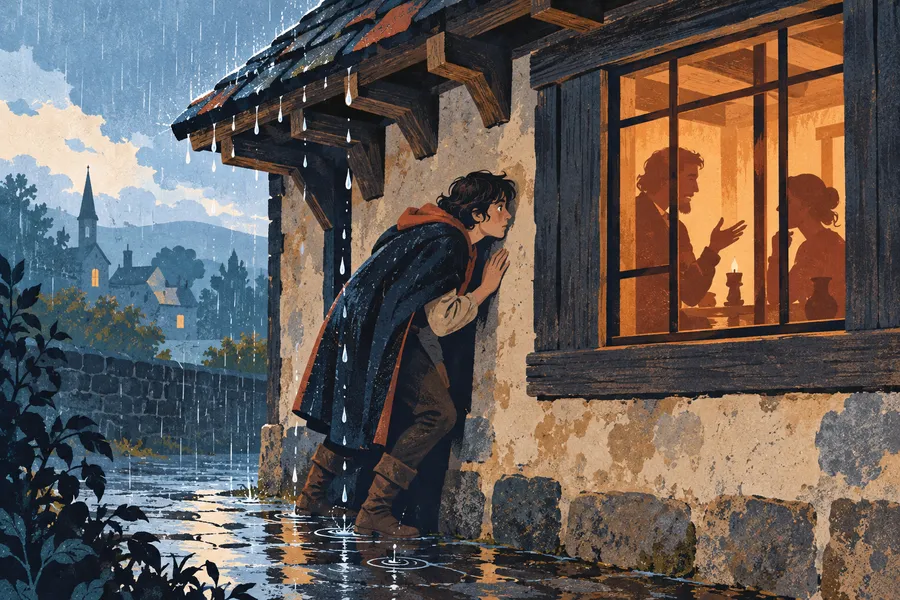 eavesdrop の語源のイメージ：軒下でこっそり聞く