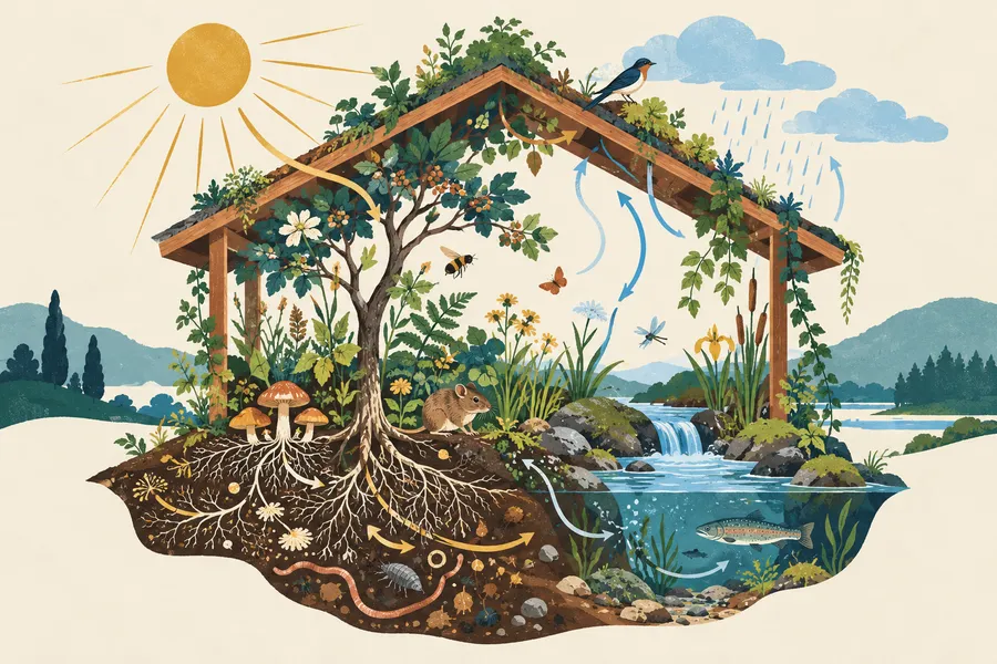 ecosystem の語源のイメージ:生き物と環境のつながり