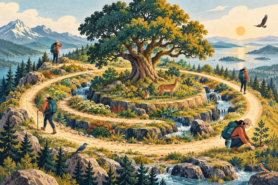 ecotourism の語源のイメージ：自然を守りながら旅する