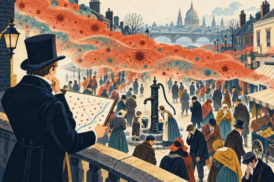 epidemiology の語源のイメージ：人々に広がる病を調べる学