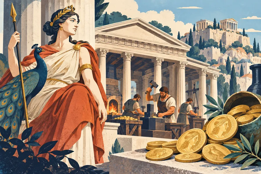 money の語源のイメージ:女神の神殿で造ったお金