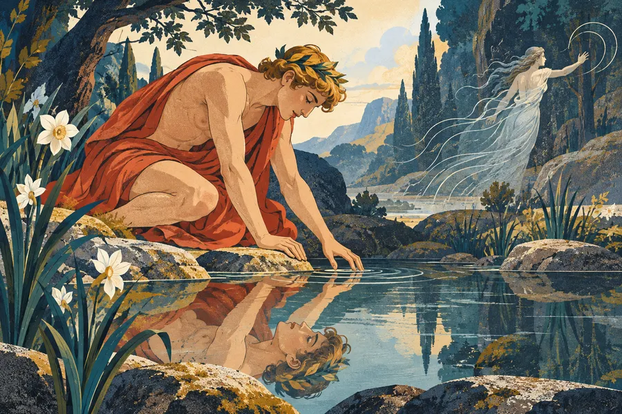 narcissist の語源のイメージ：水に映る自分に恋した人