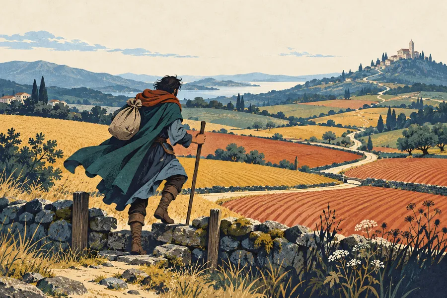 pilgrim の語源のイメージ：畑を越えて遠くから来た人