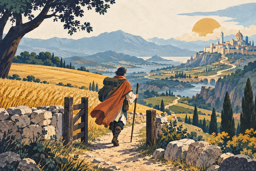pilgrimage の語源のイメージ：畑の向こうへ行く旅