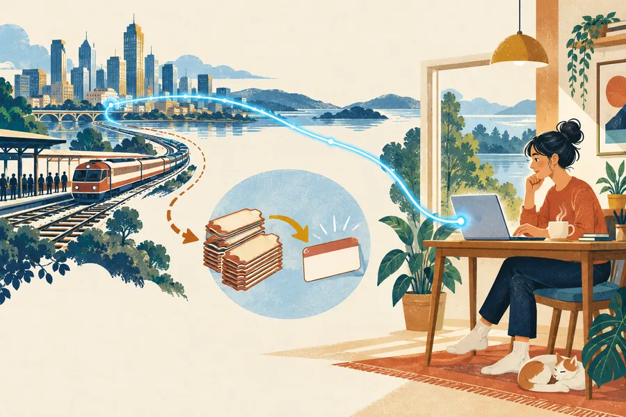 telecommute の語源のイメージ：通勤の代わりに回線で働く