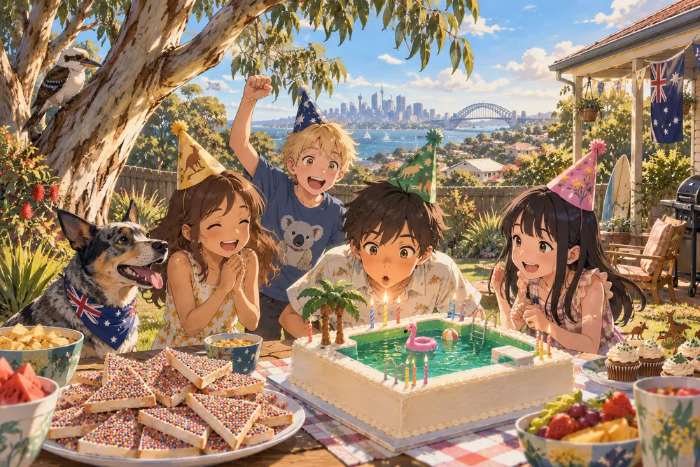 オーストラリアの誕生日：パンに虹色のつぶ「フェアリーブレッド」のイラスト