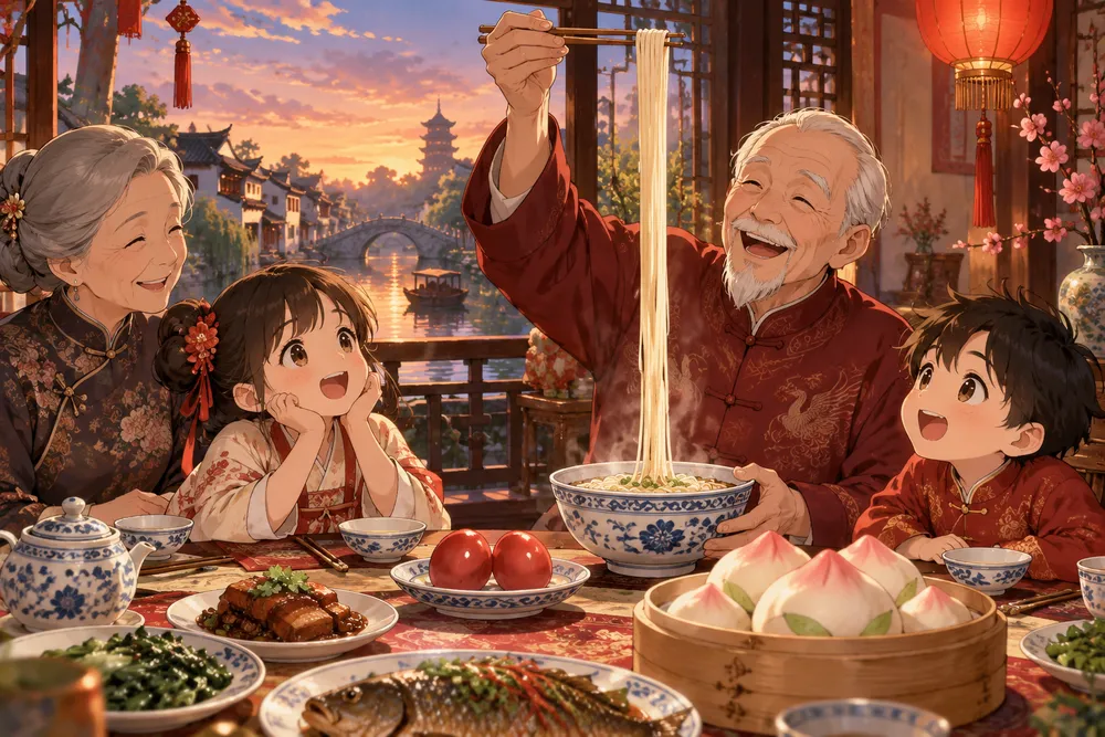 中国の誕生日：長寿麺はかみ切らずにすするのイラスト