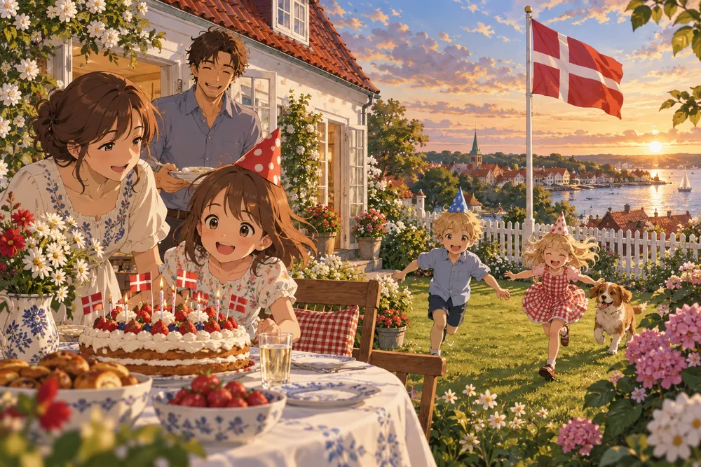 デンマークの誕生日：誕生日の家に国旗がひるがえるのイラスト