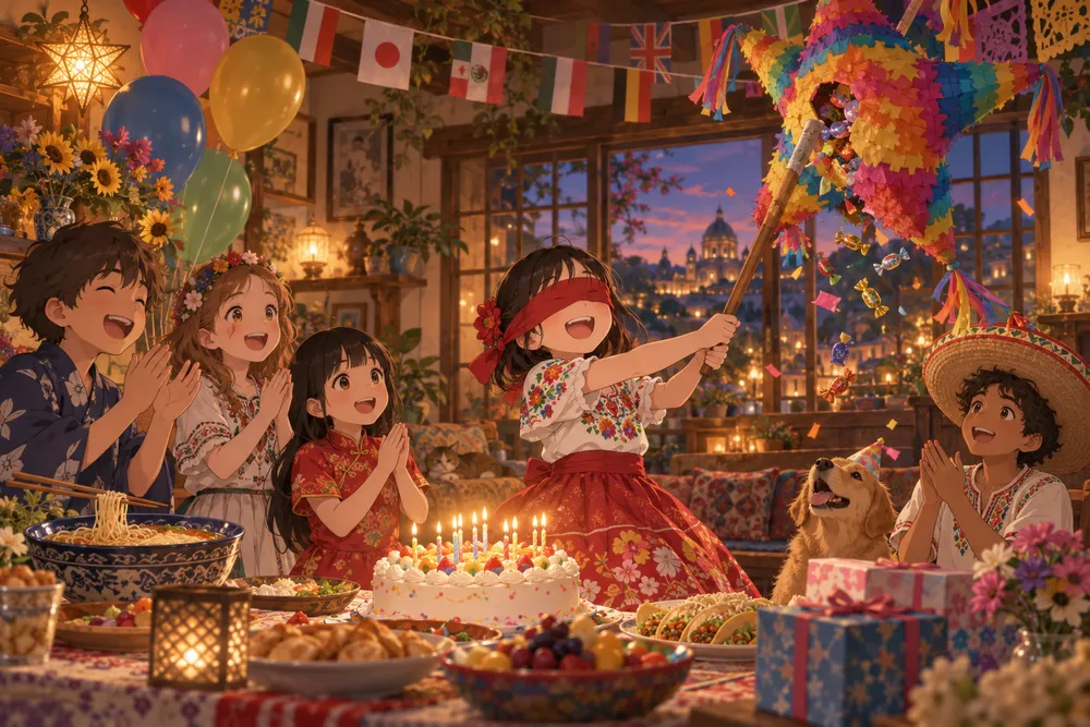 世界の誕生日の祝い方をまぜた誕生会のイラスト