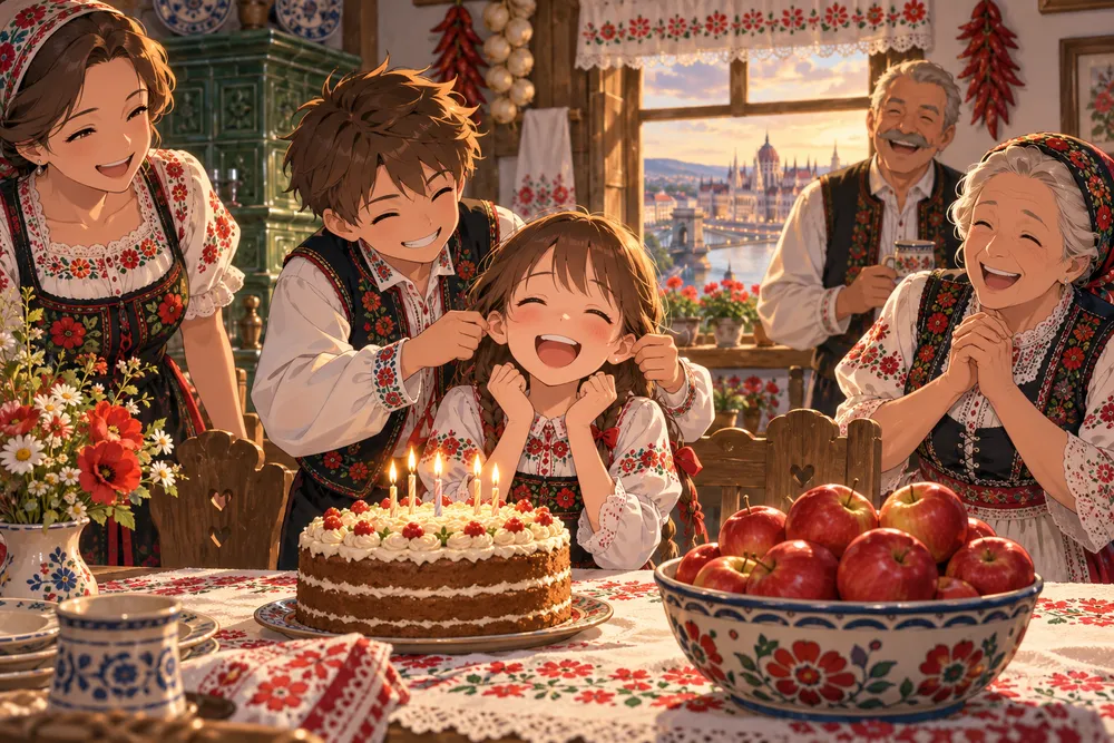 ハンガリーの誕生日：耳よ、くるぶしまでのびろ！のイラスト