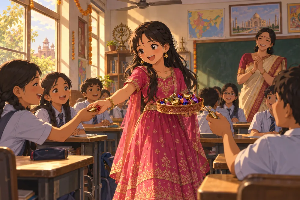 インドの誕生日：朝はお参り、学校ではお菓子配りのイラスト
