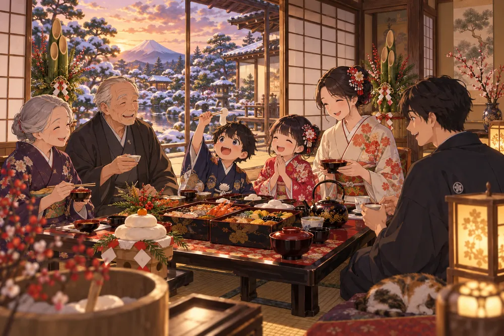 日本の誕生日：日本もかつては、お正月に全員1歳のイラスト
