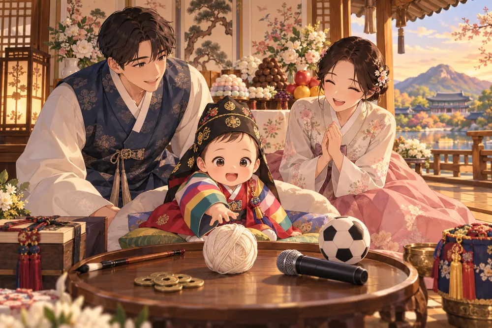 韓国の誕生日：1歳の「トルジャビ」で未来を占うのイラスト