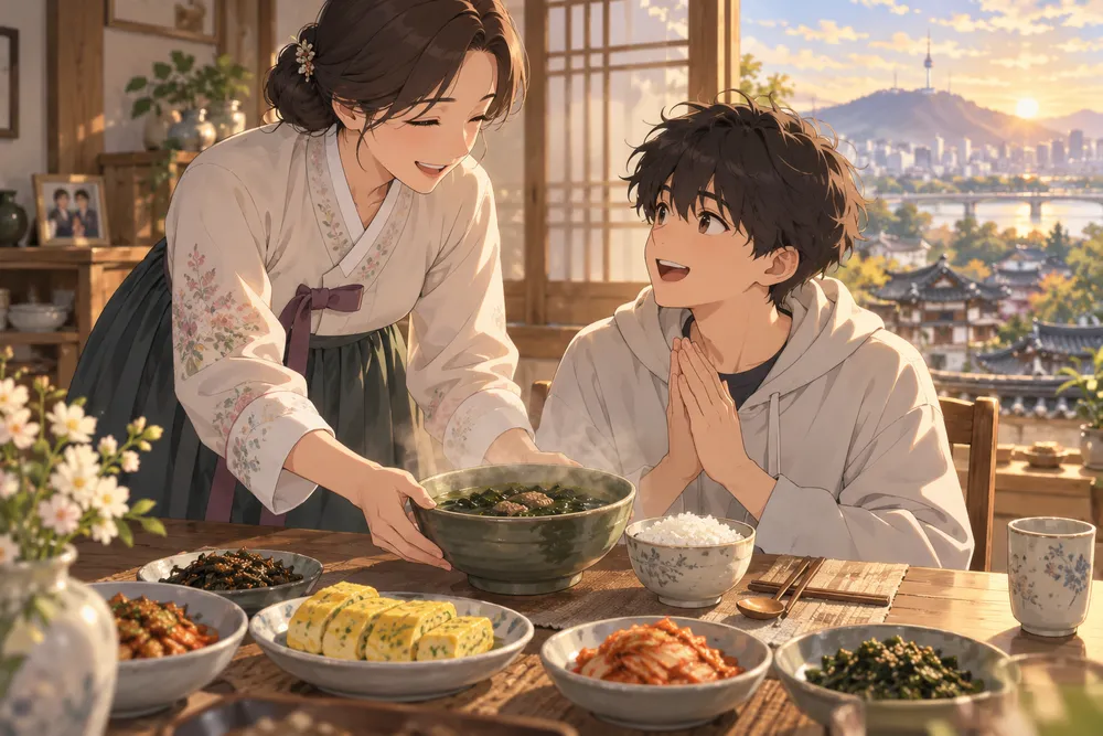 韓国の誕生日：誕生日の朝はわかめスープのイラスト