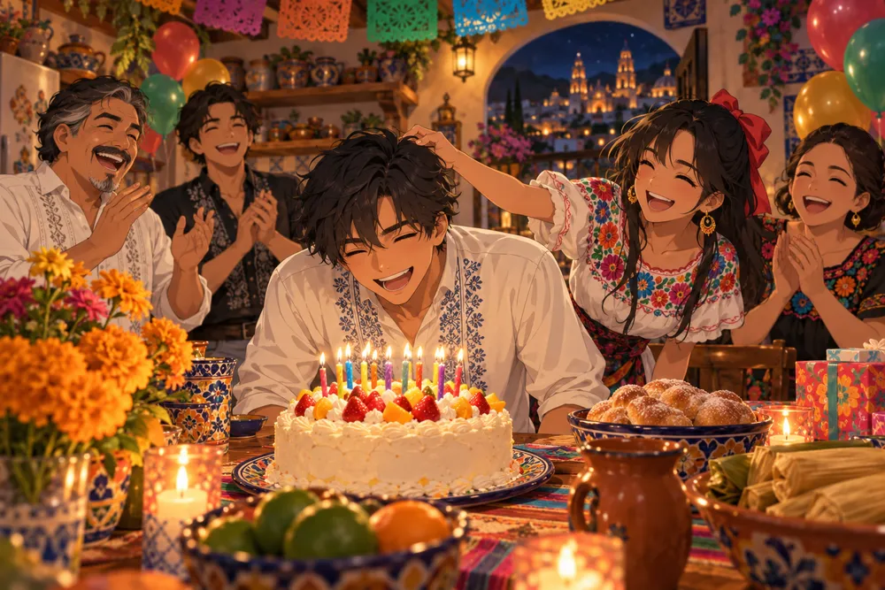 メキシコの誕生日：朝の歌と「ひと口！」のケーキのイラスト